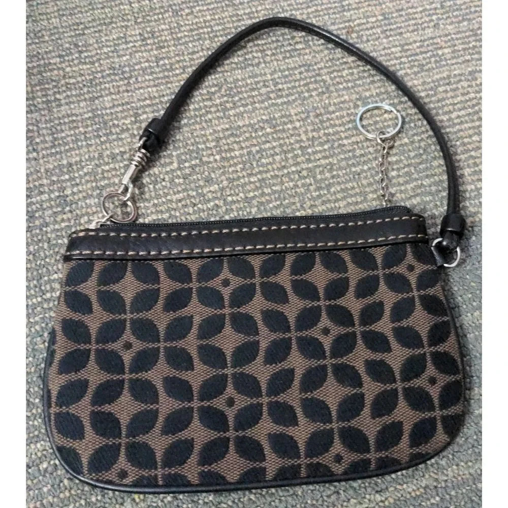 Fossil Black Brown Canvas Leather Wristlet Wallet KeyPer Zip Trim Classic‎
